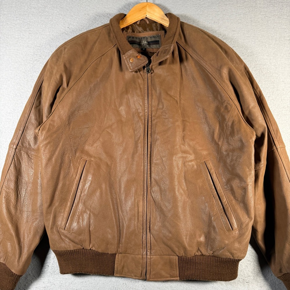 Vintage Members Only Mens Brown Genuine Leather Bomber Jacket Size Large